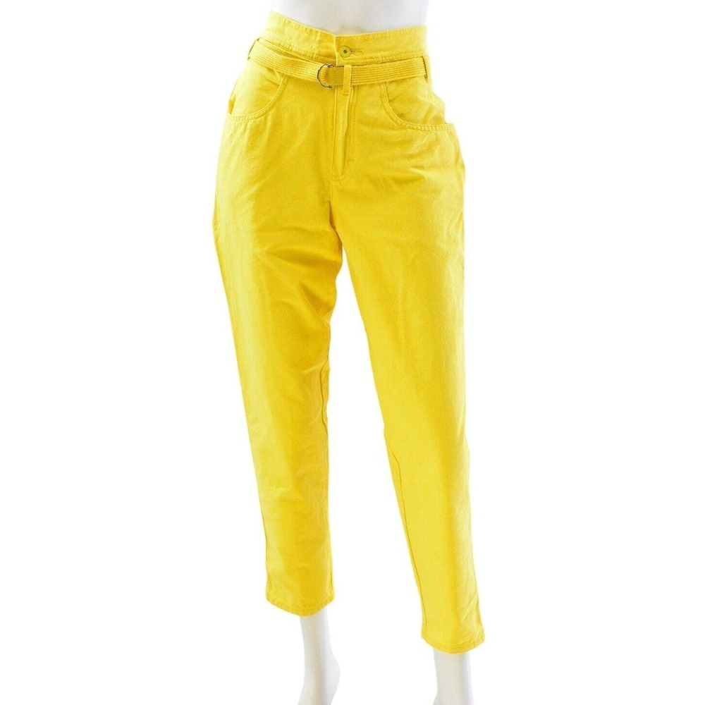 Y2K Yellow High Waist Belted Jeans Womens 2 Cropped Paperbag Waist Tangiers